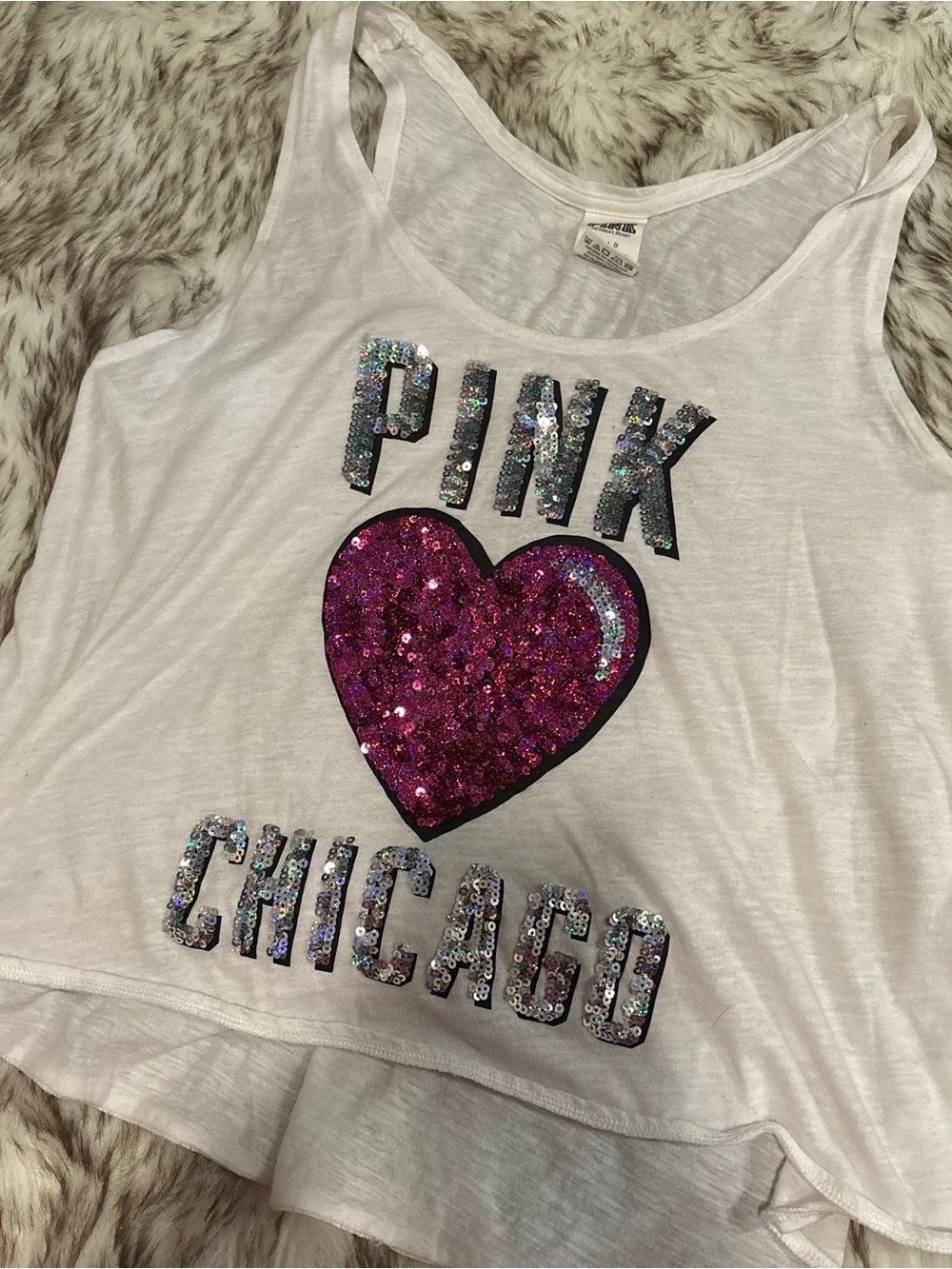 Victoria's Secret PINK White Tank with Hot Pink Sequin Heart and Silver Accents